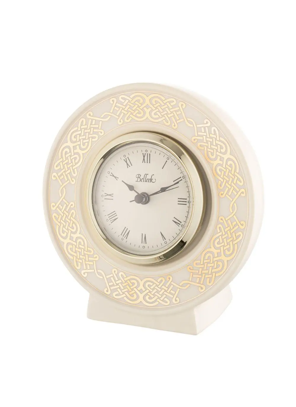 A beige, vintage-style desk clock with ornate golden patterns around the circular face, set in a sleek, supportive stand, isolated on a white background.